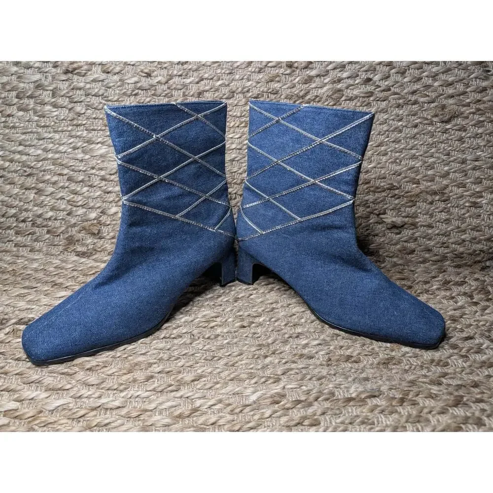 Annie Women’s Denim Blue Ankle Booties Block Heel Boots Silver Accents Sz. 11 M